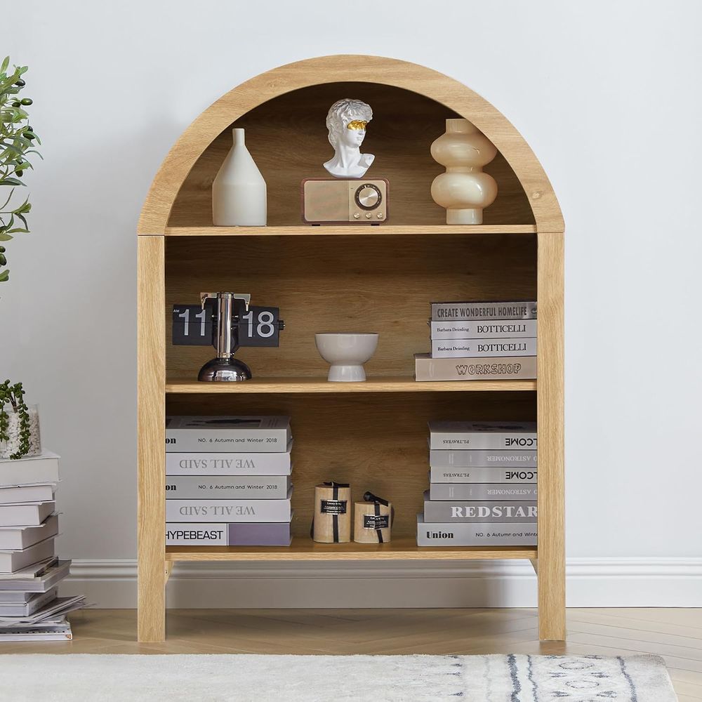 Home Office For - Freestanding 3-Tier Arched Bookshelf with Adjustable